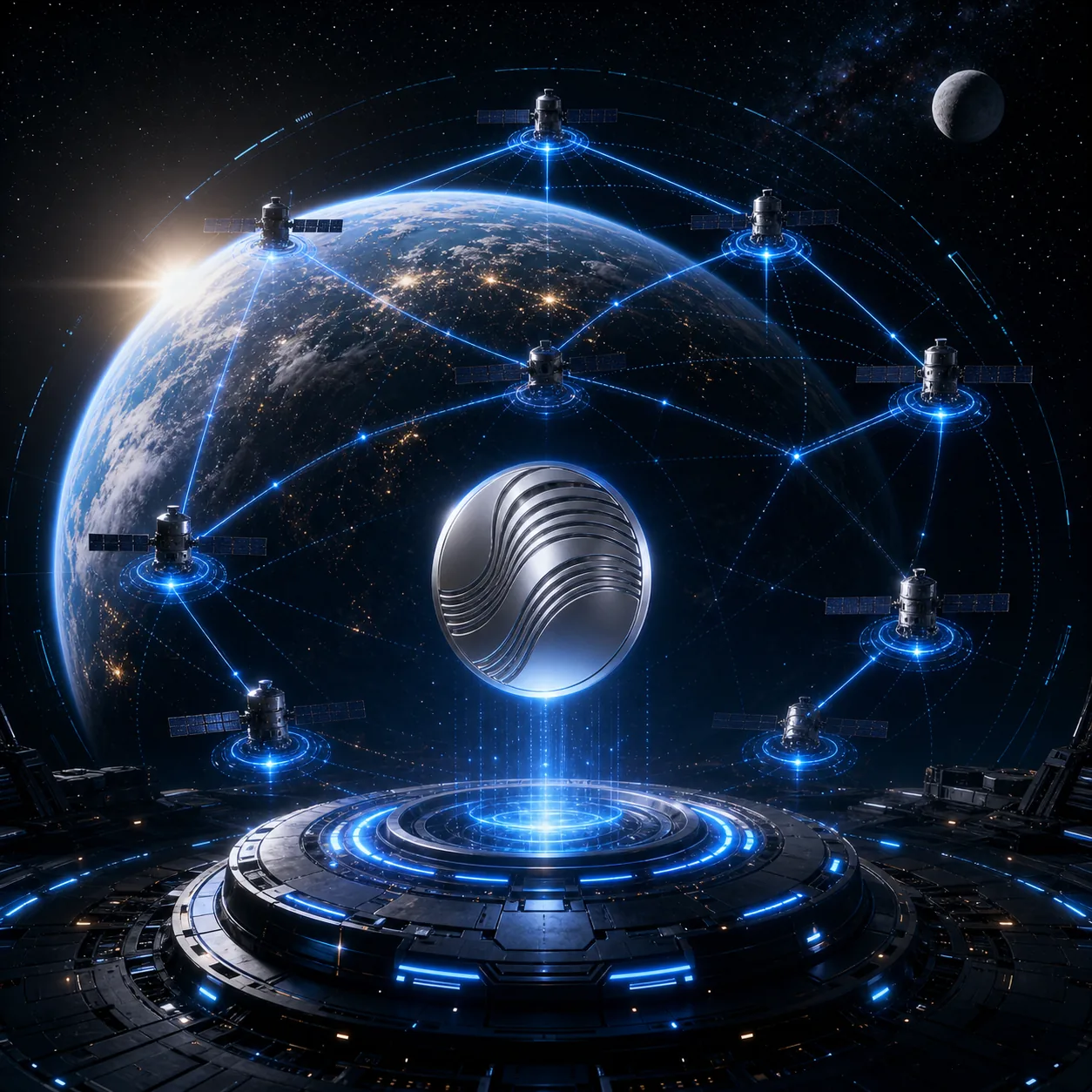 Satellite network around Earth representing Grokvoxus multi-chain settlement