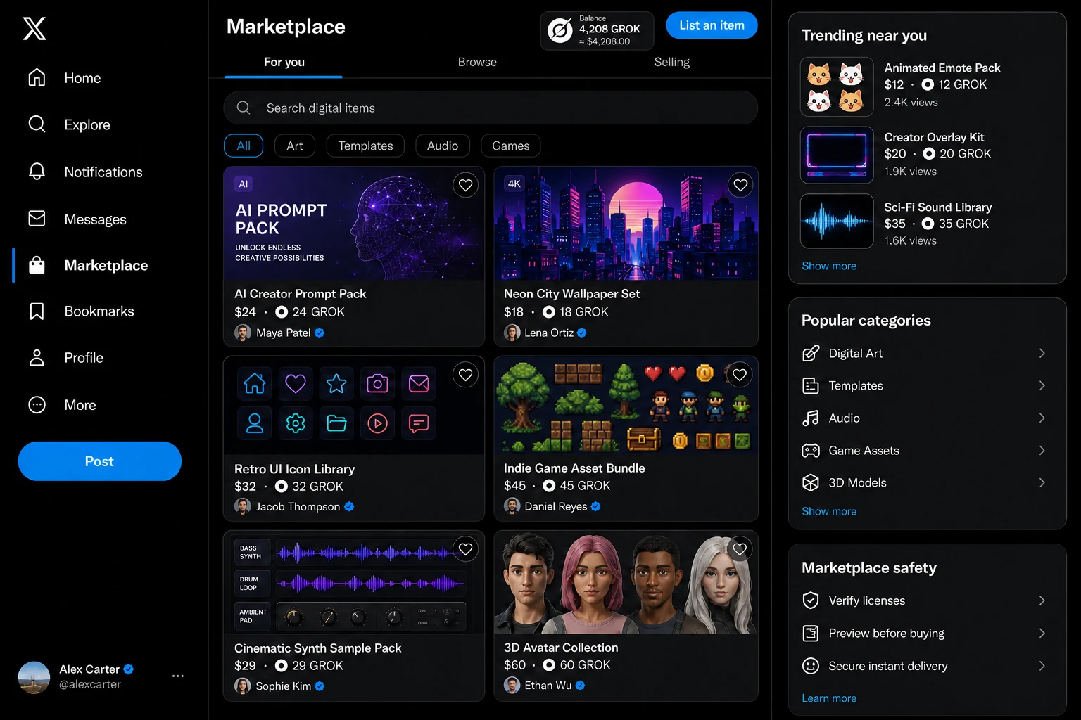 Marketplace interface listing digital items priced in GROK, with creator storefronts and category browsing